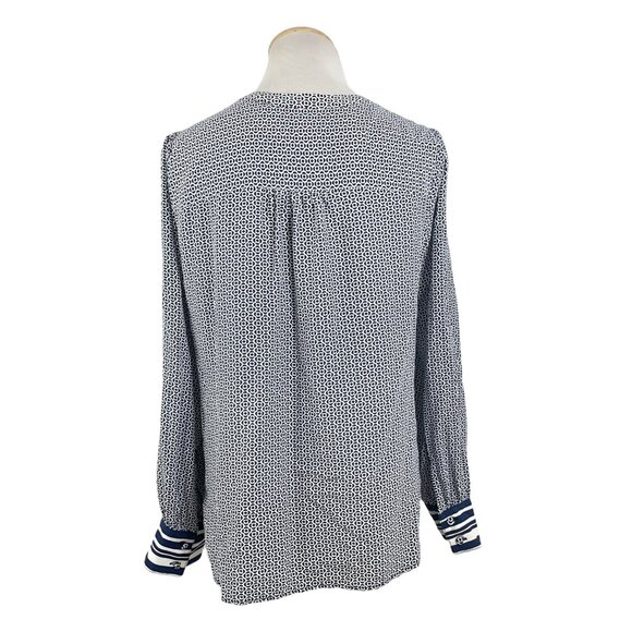 Talbots Blouse Size Large Button Down Top Shirt Geometric Print Rayon Blue White - Picture 4 of 6